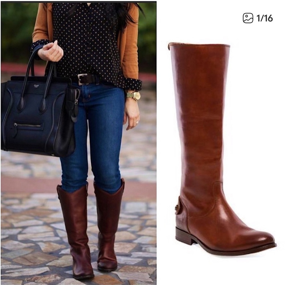 Frye Melissa Button Back Zip Cognac Genuine Leather Boots Size 7